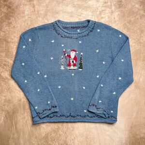 Vintage Y2K Embroidered Santa Claus Christmas Tree Holiday Sweater Blue Knit